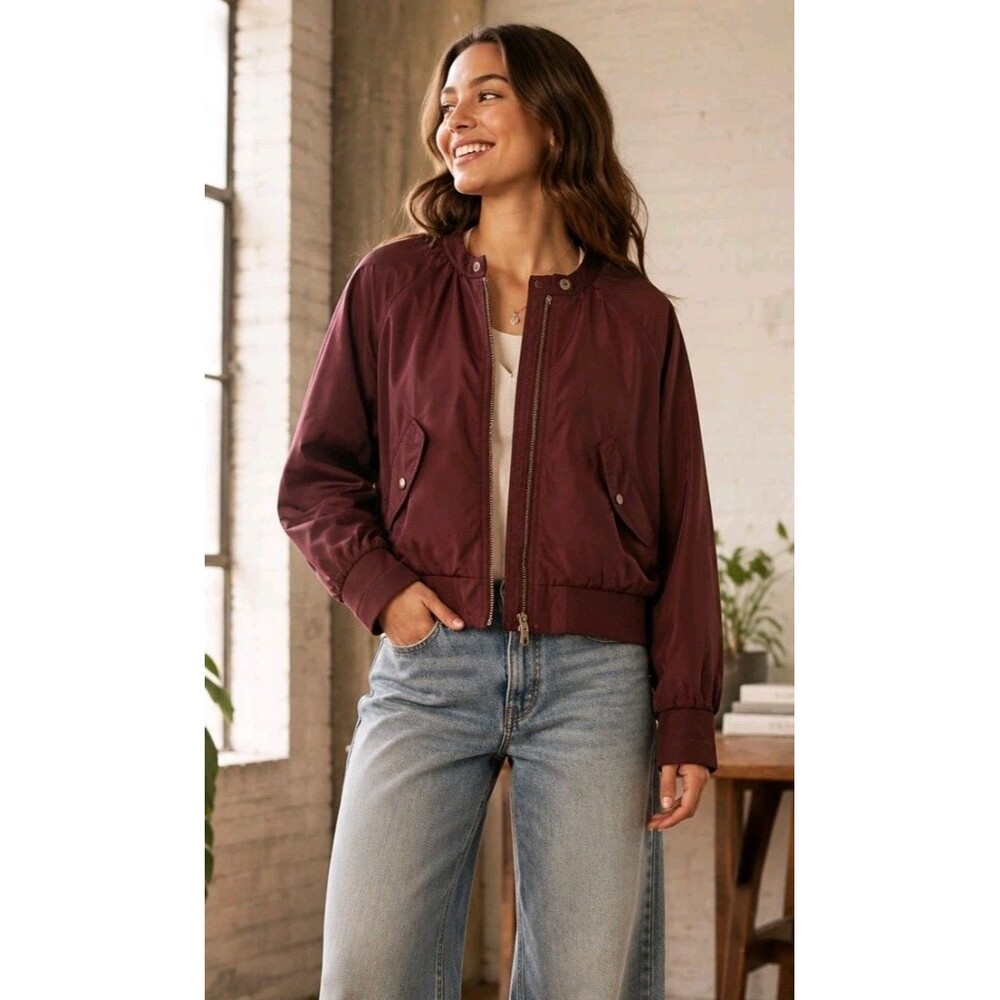 Free People Women's Bomber Jacket Burgundy Zip Front Lightweight Size L Varsity